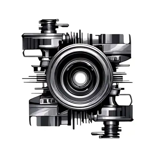 Black and grey realism tattoo, engine piston and turbo parts merging into a camera lens, inside the lens a minimal sil tattoo design idea