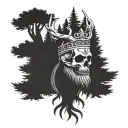  Viking Skull with beard with pine trees with a crown made from deer antlers tattoo design idea