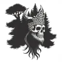  Viking Skull with beard with pine trees with a crown made from deer antlers tattoo design idea