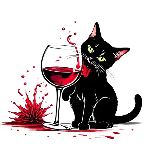 silhouette of cat knocking down glass of red wine and wine tricking down tattoo design idea