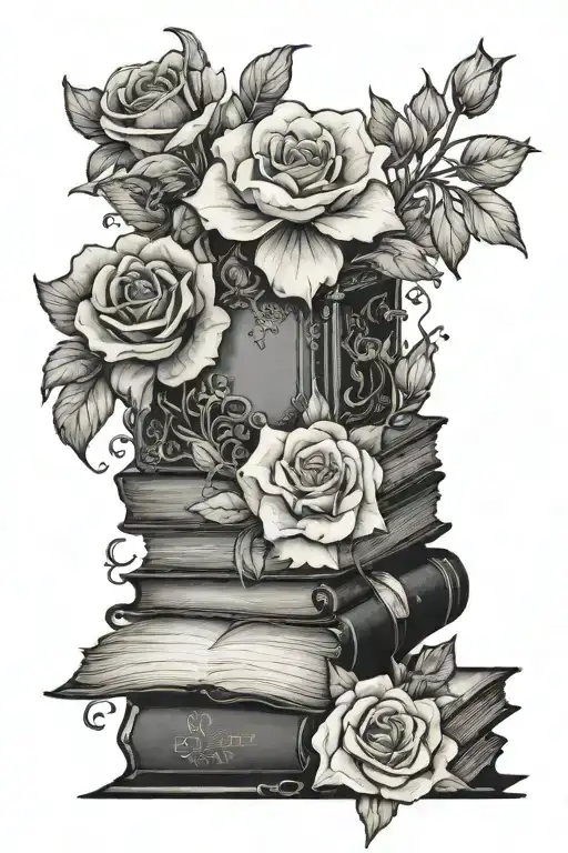 flowers and fantasy book tattoo design idea