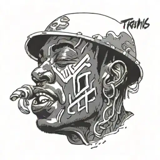 Astroworld ROLLERCOASTER travis scott face, mouth open, with ASTROWOLRD colored written tattoo design idea