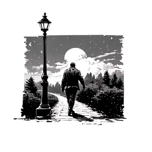 Man walking towards solitary lamp post tattoo design idea
