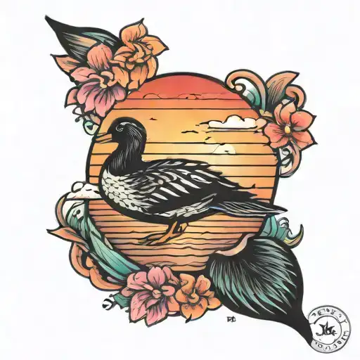 black duck outline and colorful sunset memorial tattoo with quote "come back to earth" tattoo design idea