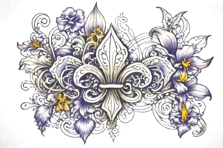 3-D fleur-de-lis with embedded irises and an EKG line running through the background. completed with fine lines tattoo design idea