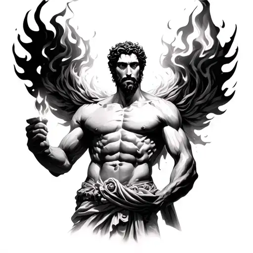 Prometheus holding fire, symbolizing enlightenment, with dramatic shadows and detailed muscle structure. tattoo design idea