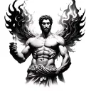 Prometheus holding fire, symbolizing enlightenment, with dramatic shadows and detailed muscle structure. tattoo design idea