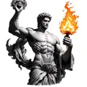 Prometheus holding fire, symbolizing enlightenment, with dramatic shadows and detailed muscle structure. tattoo design idea