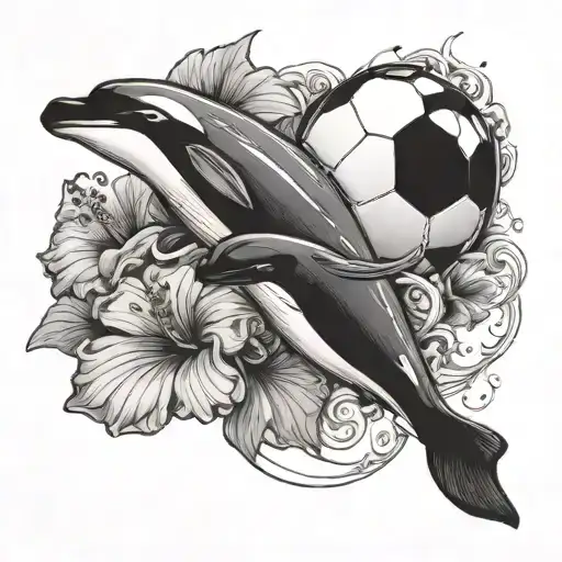hibiscus flower with orca jumping and soccer ball morphing tattoo design idea