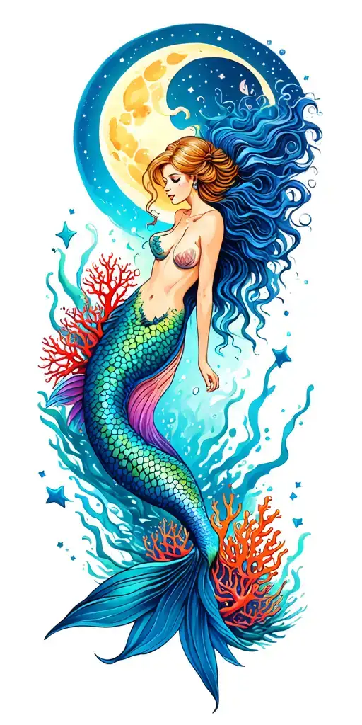 mermaid underwater scene with colorful coral and sun and moon and stars above tattoo design idea
