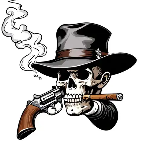 Doc Holliday Skull holding a smoking revoler smoking a cigar tattoo design idea