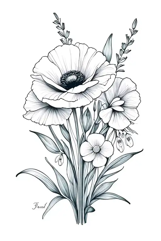 make a bouquet including a poppy, gladiolus, violet, primrose, carnation, and snowdrop tattoo design idea