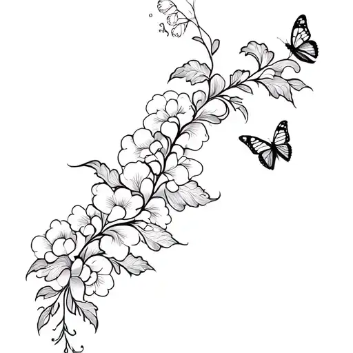 A vine that has flowers, butterflies, and clouds forming the shape tattoo design idea