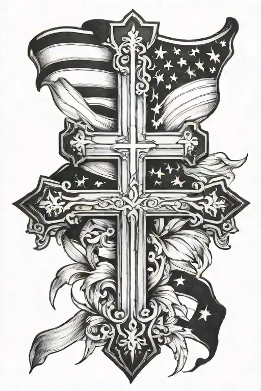 american flag with wooden cross tattoo design idea