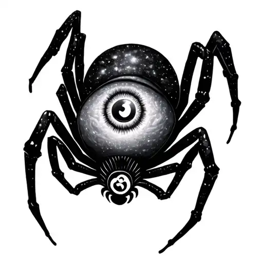 • Black spider body has:+ Third eye on forehead (like Sublime sun) with tiny *Om* symbol pupil + Spiral galaxy patterns tattoo design idea