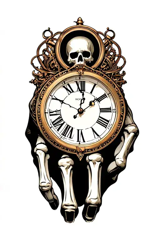 Skeleton hand tattoo with roman numeral clock embedded tattoo design idea