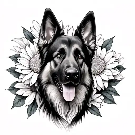 German shepherd with chrysanthemum flower tattoo design idea