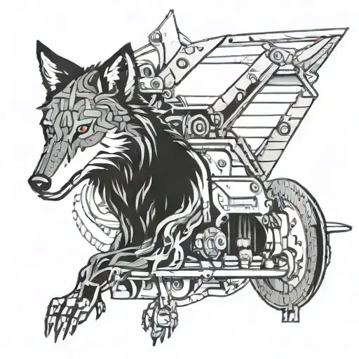 A mechanical wolf intertwined with a vintage airplane engine tattoo design idea