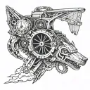 A mechanical wolf intertwined with a vintage airplane engine tattoo design idea