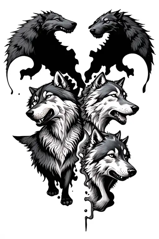 tormented shadow breaking down and above the two wolves from a tale of two wolves tattoo design idea