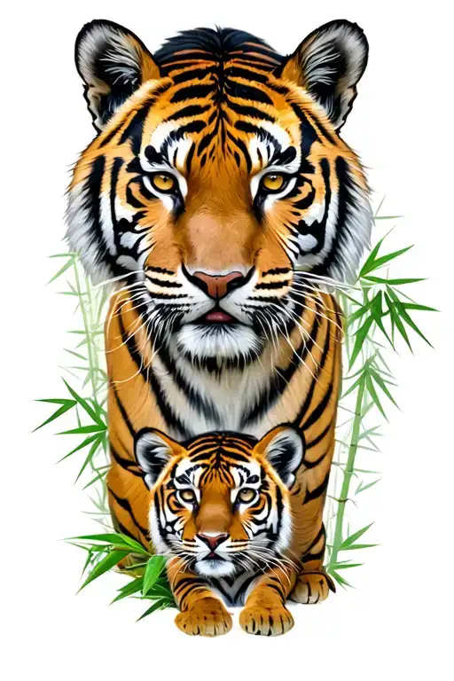 tigress with two cubs bamboo in background. birth month birds for march april may june tattoo design idea