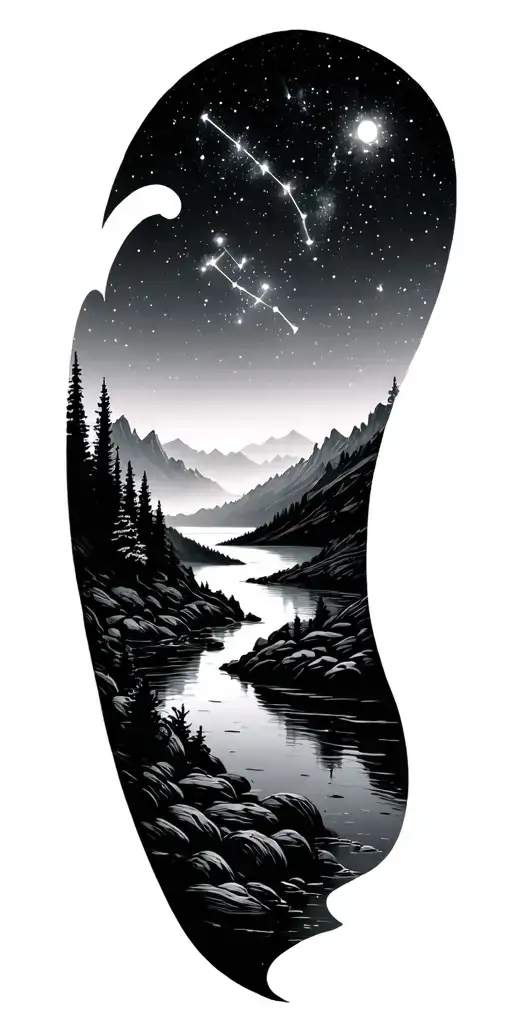 outdoor scene with mountains, lake and river under a starry night sky with Gemini constellation.  tattoo design idea