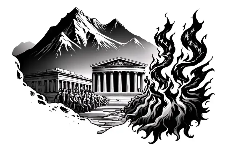 greek pantheon with fire torches and mountain Olympus in the background  tattoo design idea