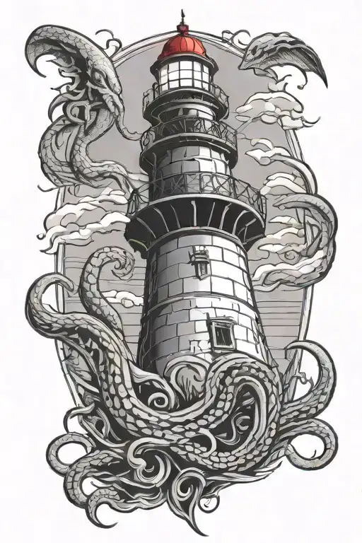 Lighthouse with kraken holding two buoys tattoo design idea