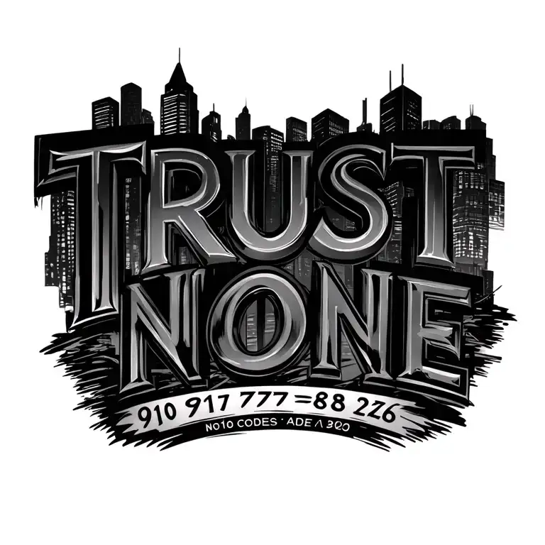 "TRUST NONE, 910 757 808 256" city with city codes tattoo design idea