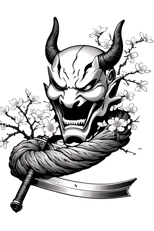 A worn katana blade covered in cherry blossoms wrapped , cutting a broken oni mask. tattoo design idea