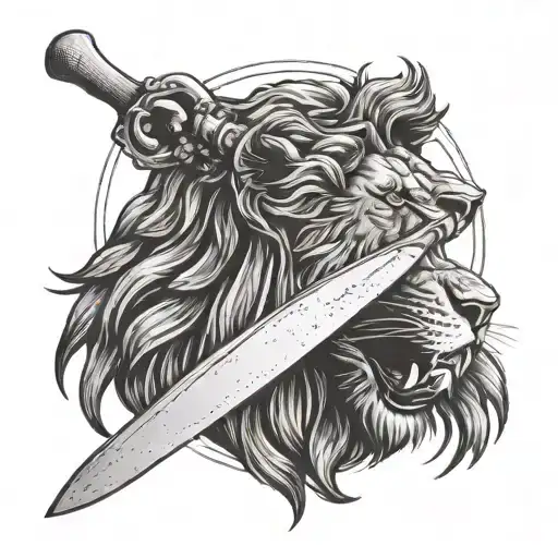 A chef's knife and fork crossed behind a roaring lion, representing your occupation as a chef and love for lions tattoo design idea