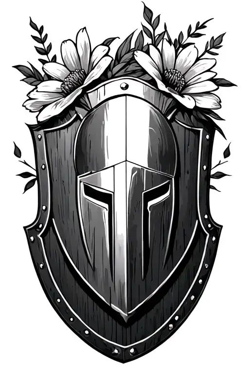 spartan shield and flower bouquet tattoo design idea