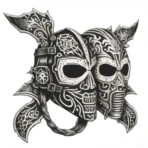 half hocke goalie mask and half welding mask with a spine seperating them tattoo design idea