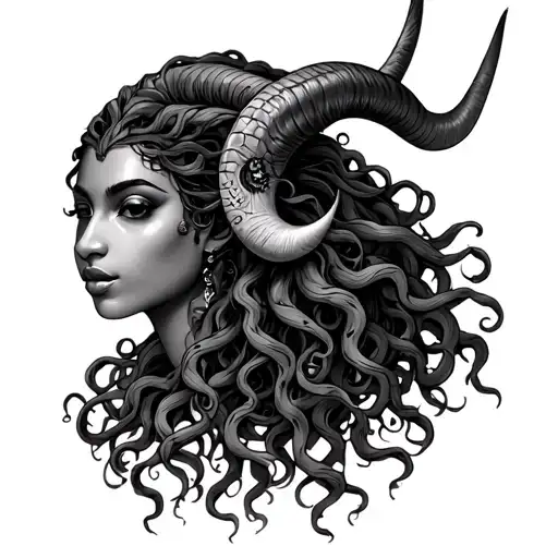 African Medusa with Capricorn tattoo design idea