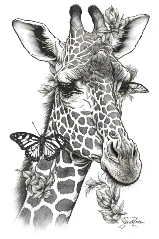 giraffe with butterfly  on its nose tattoo design idea
