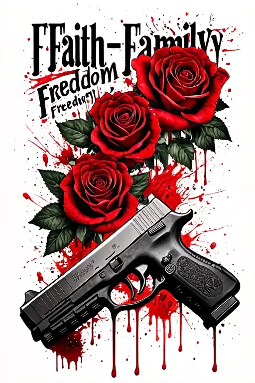 Glock 19 with blood dripping roses and the words above, Faith Family Freedom, and the words below, J-Meezy. tattoo design idea