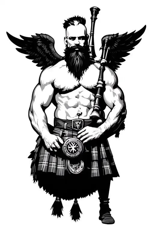 muscular bagpiper bald black beard black wings on his back tattoo design idea