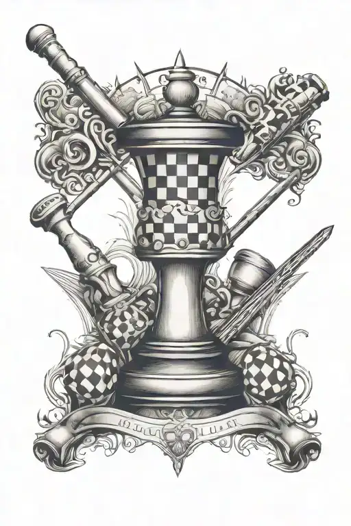 A tattoo design combining elements of pool cue sticks, adart board, and chess to represent the client's favorite hobbies tattoo design idea