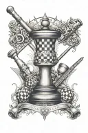 A tattoo design combining elements of pool cue sticks, adart board, and chess to represent the client's favorite hobbies tattoo design idea