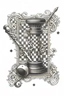 A tattoo design combining elements of pool cue sticks, adart board, and chess to represent the client's favorite hobbies tattoo design idea