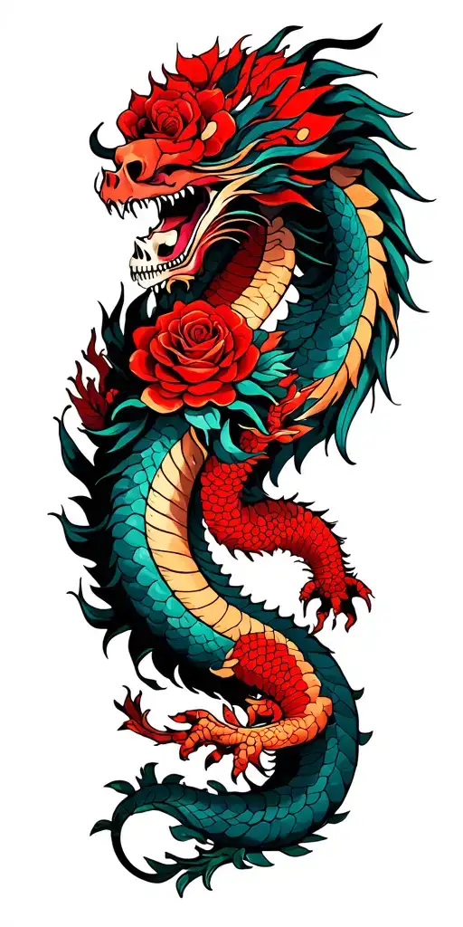 eastern dragon wrapped, rose and skull surrounded tattoo design idea