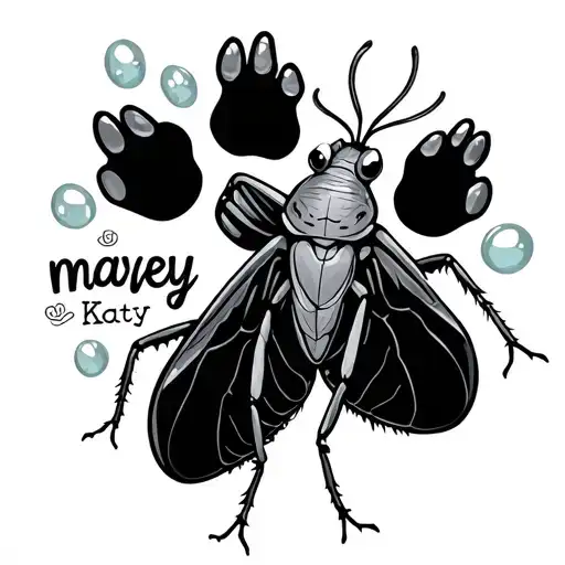 Bubbles a katydid bug the words marvey and Katy and paw prints tattoo design idea