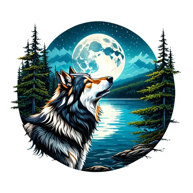 adult wolf howling at the moon in the distance with forest lake behind tattoo design idea