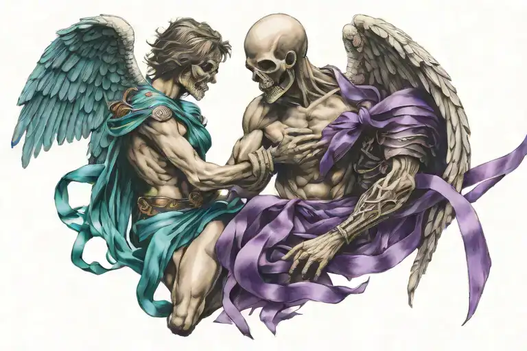 Death fighting against an Angel wrapped in teal and purple Ribbons tattoo design idea