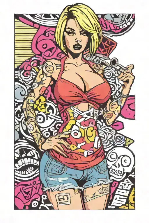 Sexy girl, Huge Boobs, cleavage, wide hips, petite, big booty, torn clothing, short bob hairstyle, smoking a cigarette tattoo design idea