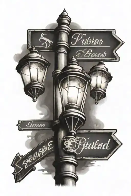 lamp post with directional signs to places tattoo design idea