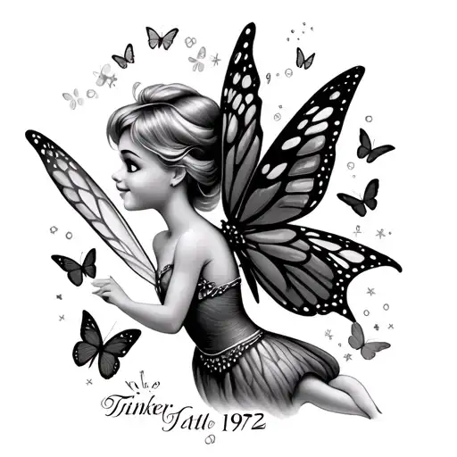 tinkerbell with her fairy dust in a shape of butterflies with the year 1972 tattoo design idea