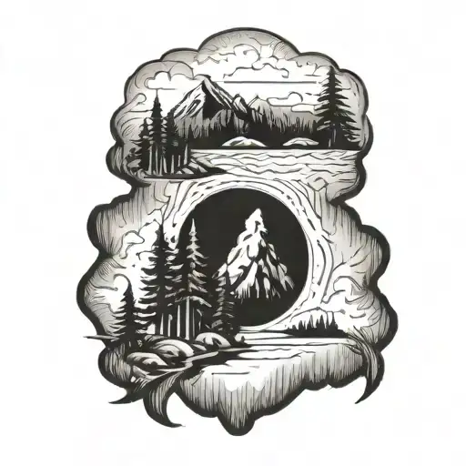 A nature-inspired blackwork tattoo combining redwoods, mountains, and the ocean tattoo design idea