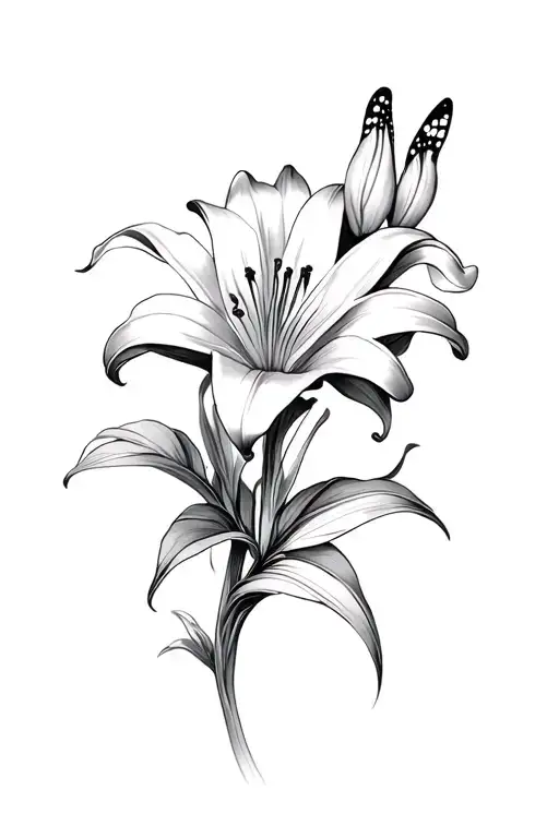 I want sophisticated black and gray art, complement the existing lily.Add more lilies, butterfly to hand tattoo design idea