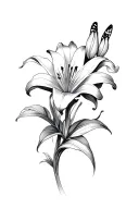 I want sophisticated black and gray art, complement the existing lily.Add more lilies, butterfly to hand tattoo design idea